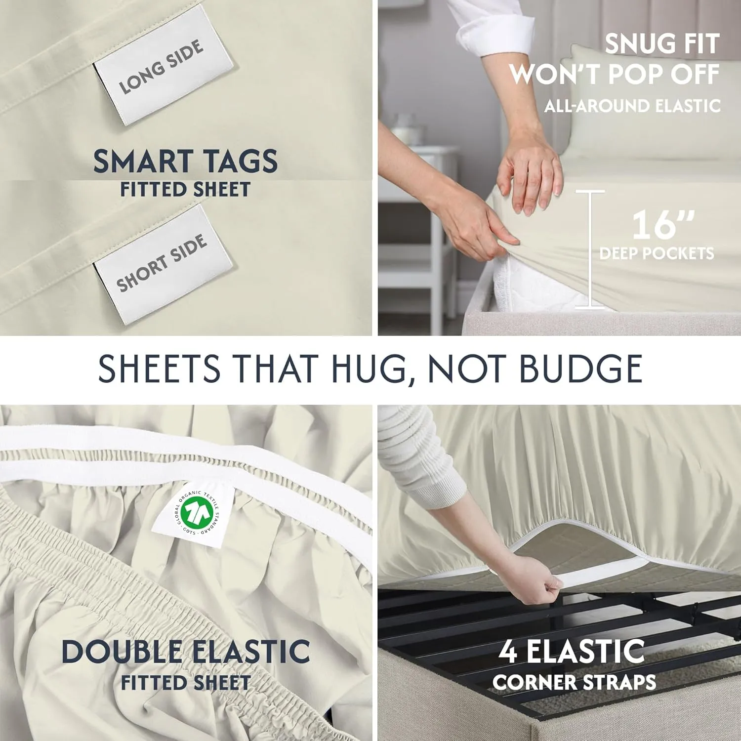 100% Organic Cotton Sheets Queen Size - Luxurious 415 Thread Count, Oeko-Tex Certified, Silky Soft Sateen Weave, Hemstitched Pillowcases, Fitted Sheet with Deep Pockets, Double-Elastic & Corner Straps