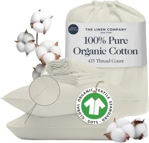 100% Organic Cotton Sheets Queen Size - Luxurious 415 Thread Count, Oeko-Tex Certified, Silky Soft Sateen Weave, Hemstitched Pillowcases, Fitted Sheet with Deep Pockets, Double-Elastic & Corner Straps