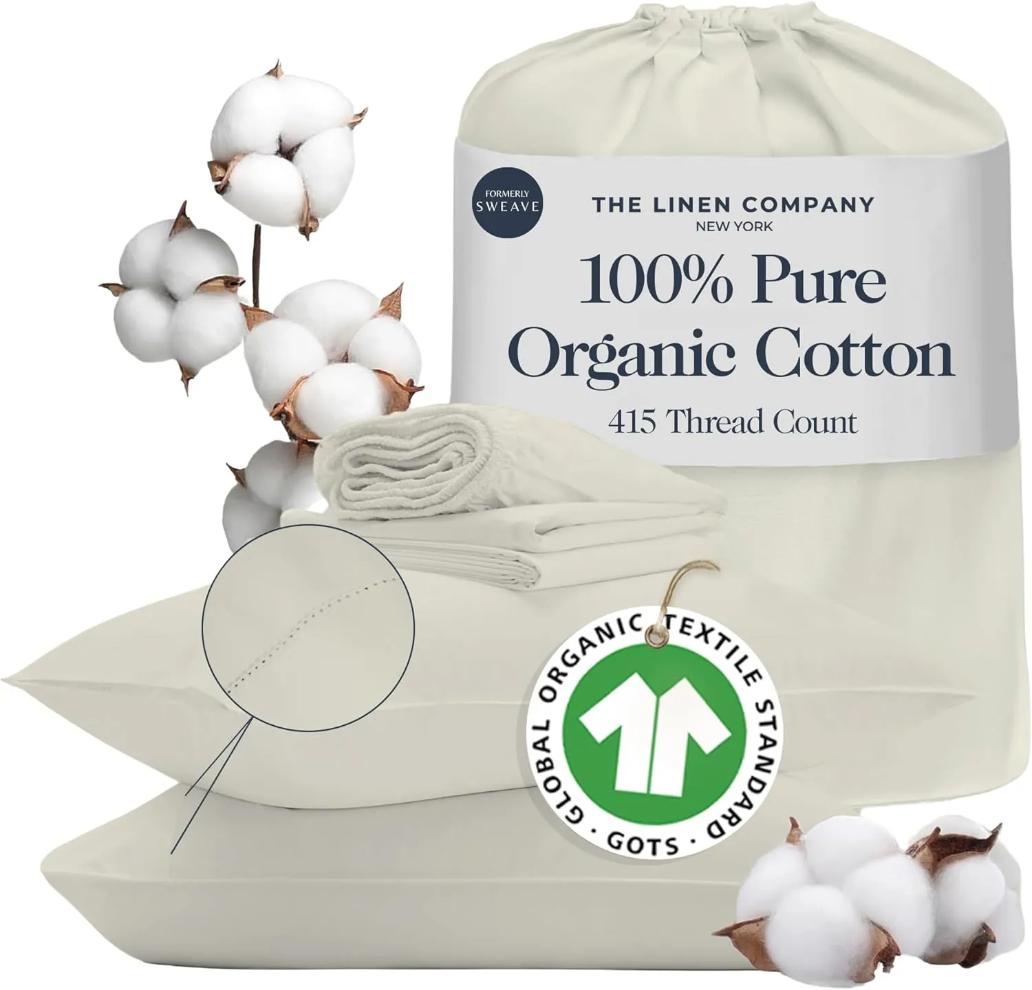 100% Organic Cotton Sheets Queen Size - Luxurious 415 Thread Count, Oeko-Tex Certified, Silky Soft Sateen Weave, Hemstitched Pillowcases, Fitted Sheet with Deep Pockets, Double-Elastic & Corner Straps