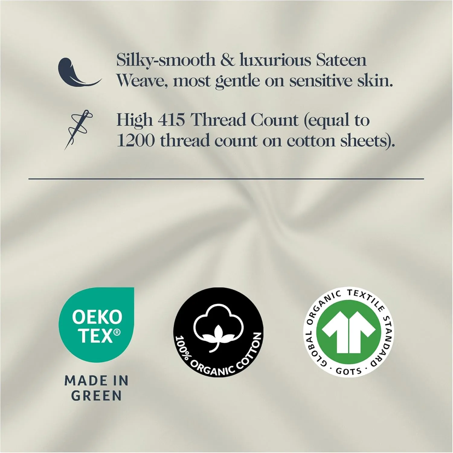 100% Organic Cotton Sheets Queen Size - Luxurious 415 Thread Count, Oeko-Tex Certified, Silky Soft Sateen Weave, Hemstitched Pillowcases, Fitted Sheet with Deep Pockets, Double-Elastic & Corner Straps