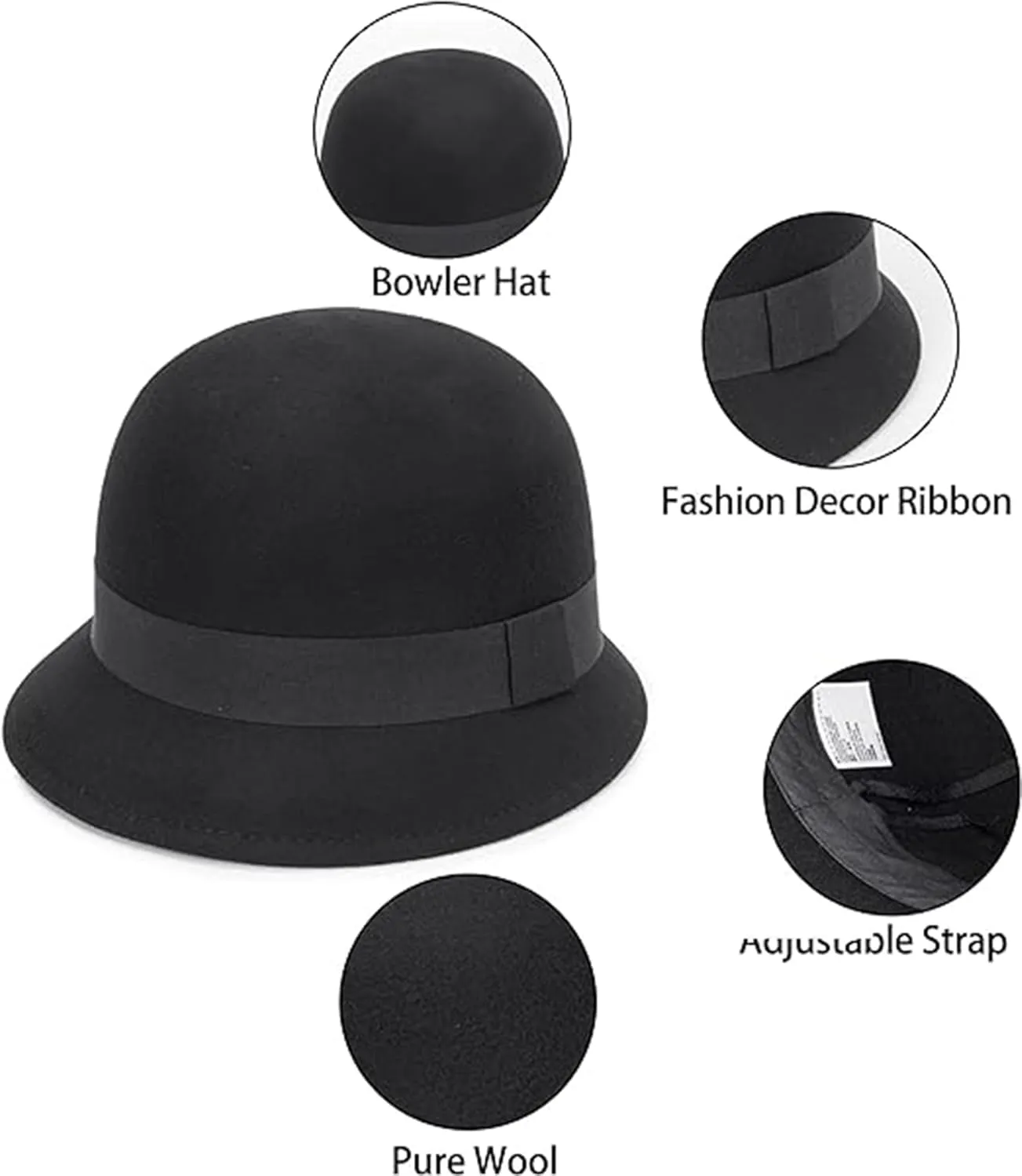 1920S Vintage Cloche Bucket Hat - Warm Winter Wool Cloche Bowler Hat for Women Ladies Derby Party Crushable