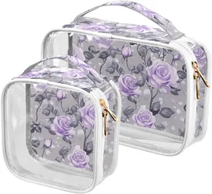 2 Pack clear toiletry bags for TSA approved portable makeup bag travel shaving essentials Rose Velvet Ribbon Lilac and Silver Gray