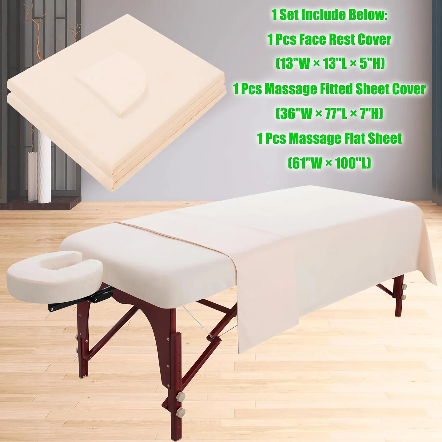 3 Piece Massage Table Sheets Set Microfiber Massage Bed Cover Soft Waterproof and Oil Proof Reusable for SPA Beauty Tattoos Includes Table Cover,Fitted Sheet and Face Rest Cover (Beige)