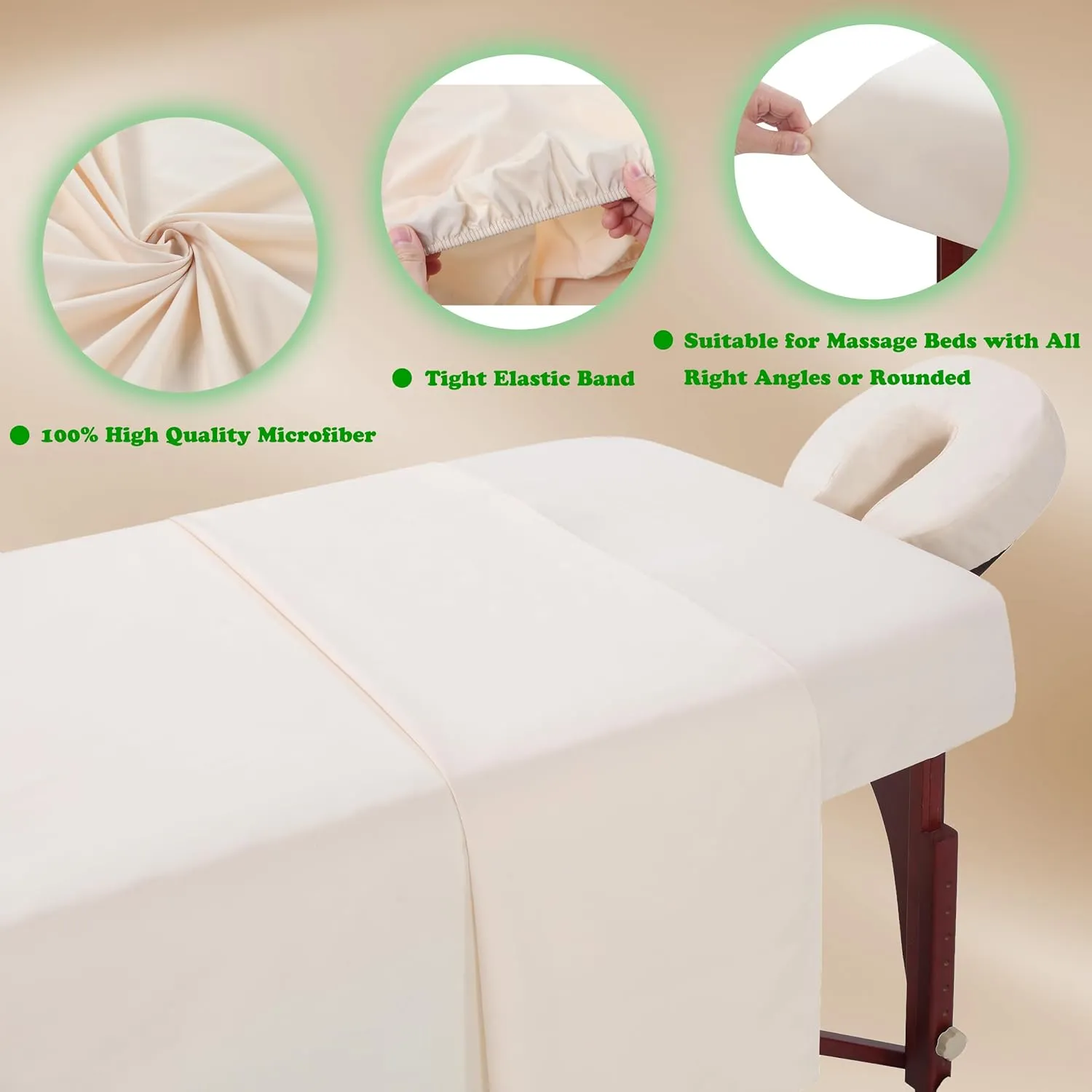 3 Piece Massage Table Sheets Set Microfiber Massage Bed Cover Soft Waterproof and Oil Proof Reusable for SPA Beauty Tattoos Includes Table Cover,Fitted Sheet and Face Rest Cover (Beige)