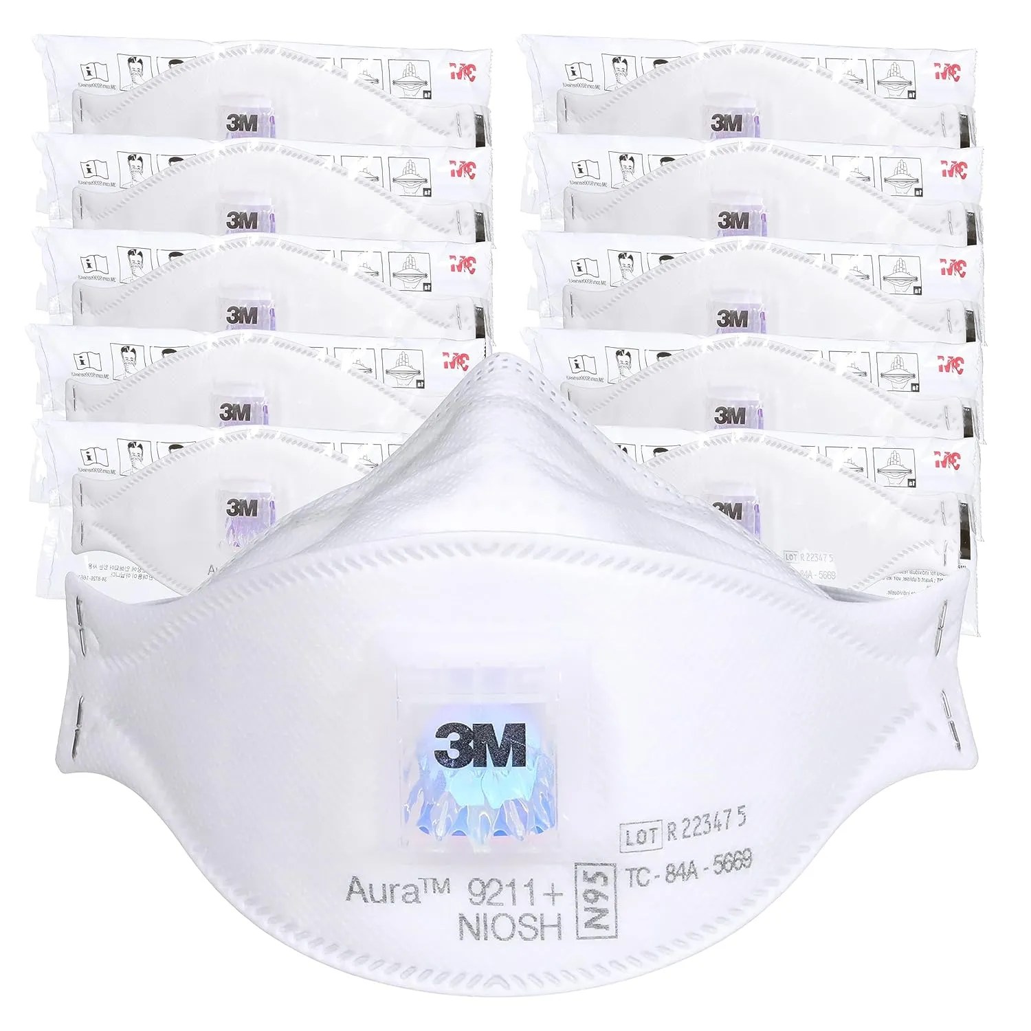 3M Aura Particulate Respirator 9211 , N95, Pack of 10 Disposable Respirators, Individually Wrapped, Cool Flow Valve, Flat Fold Design Allows for Facial Movement, NIOSH Approved, Comfort Plus, Dust