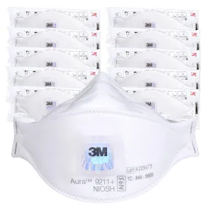 3M Aura Particulate Respirator 9211 , N95, Pack of 10 Disposable Respirators, Individually Wrapped, Cool Flow Valve, Flat Fold Design Allows for Facial Movement, NIOSH Approved, Comfort Plus, Dust