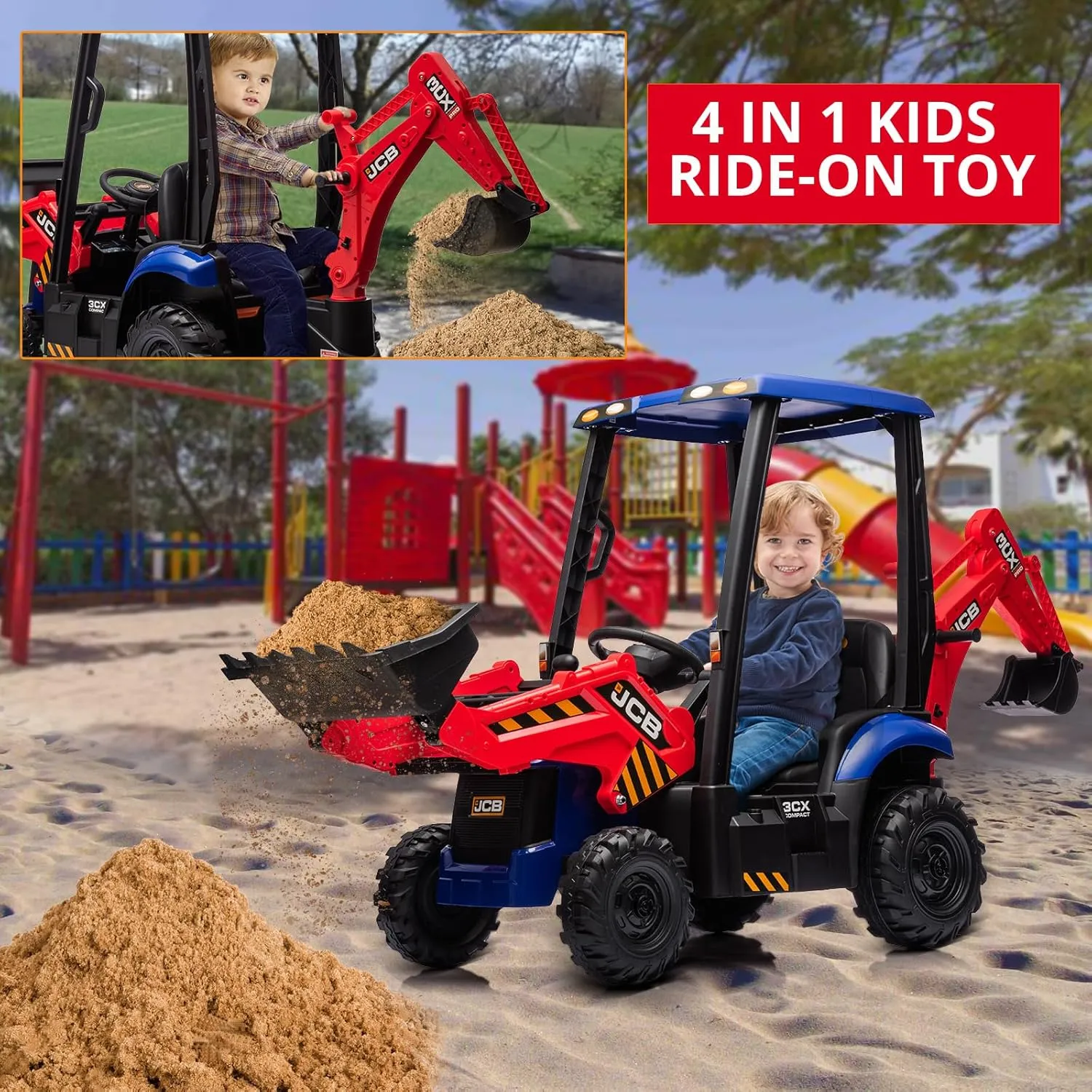 4 in 1 JCB Kids Excavator Ride On Toy with Remote Control & Front Loader & Digger, Four Transformable Forms Kids Ride On Car Toy