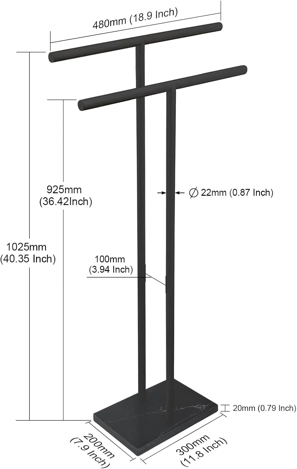40 Inch Freestanding Towel Rack for Bathroom Floor Double-T Shape Bath Sheet Holder with Marble Design Base Standing Towel bar Next to Tub or Shower Towel Holder Stand SUS304 Matte Black