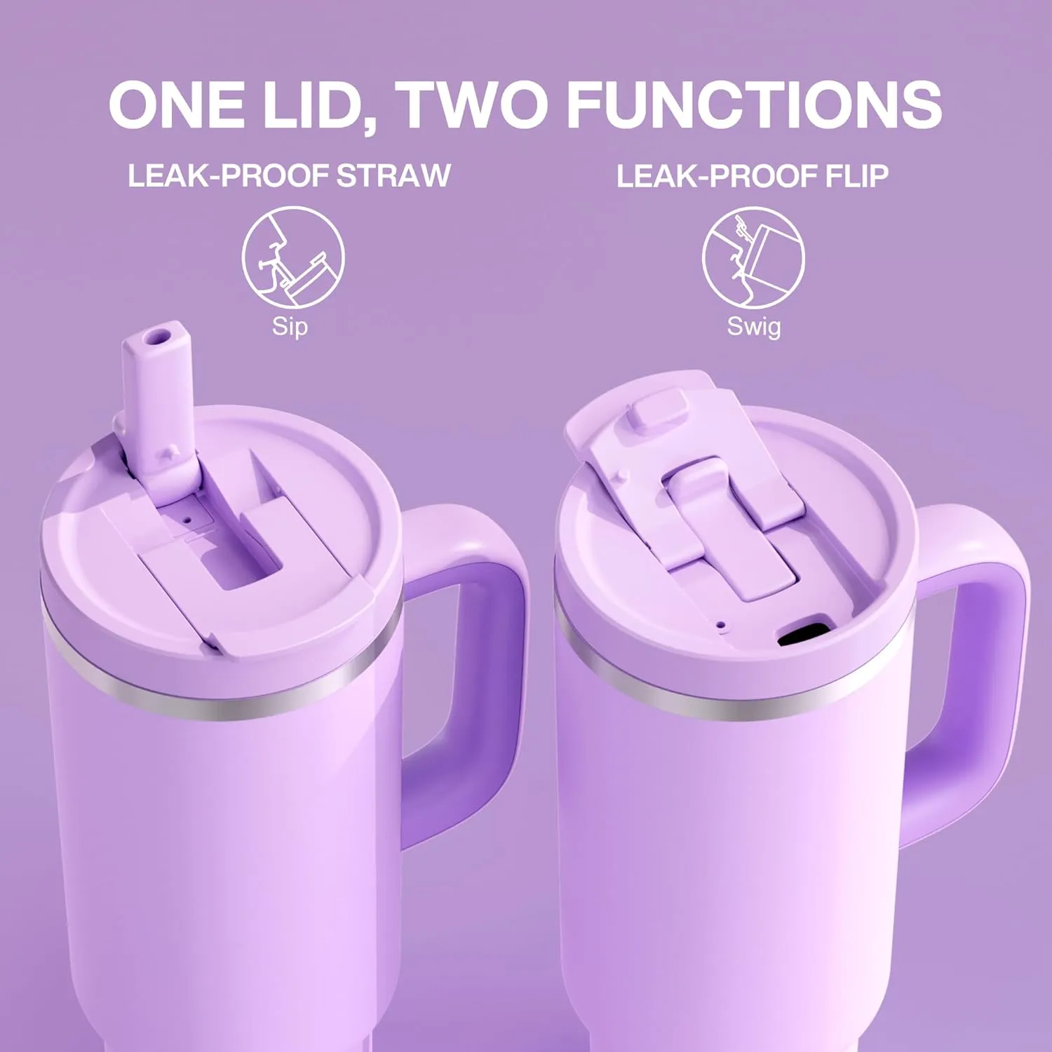 40 oz Tumbler with Handle and Straw: Stainless Steel Insulated Tumbler Keeps Cold for 24 Hours, Leakproof Travel Cup Fits in Cup Holder and BPA-Free, Lavender