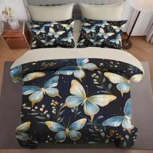 7 Pcs Comforter Set Queen Size, Vintage Green Leaf Flowers Bed in a Bag with Flat Sheet and Fitted Sheet for Kids and Adults, Nature Butterfly Flower Bedding Set with 2 Pillowcases & 2 Shams