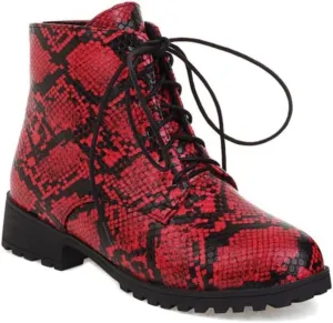 Aflngle Women's Block Snakeskin Printed Flat Ankle Boots Round Closed Toe Lace Up Low Chunky Heel Slip on Chelsea Short Boots