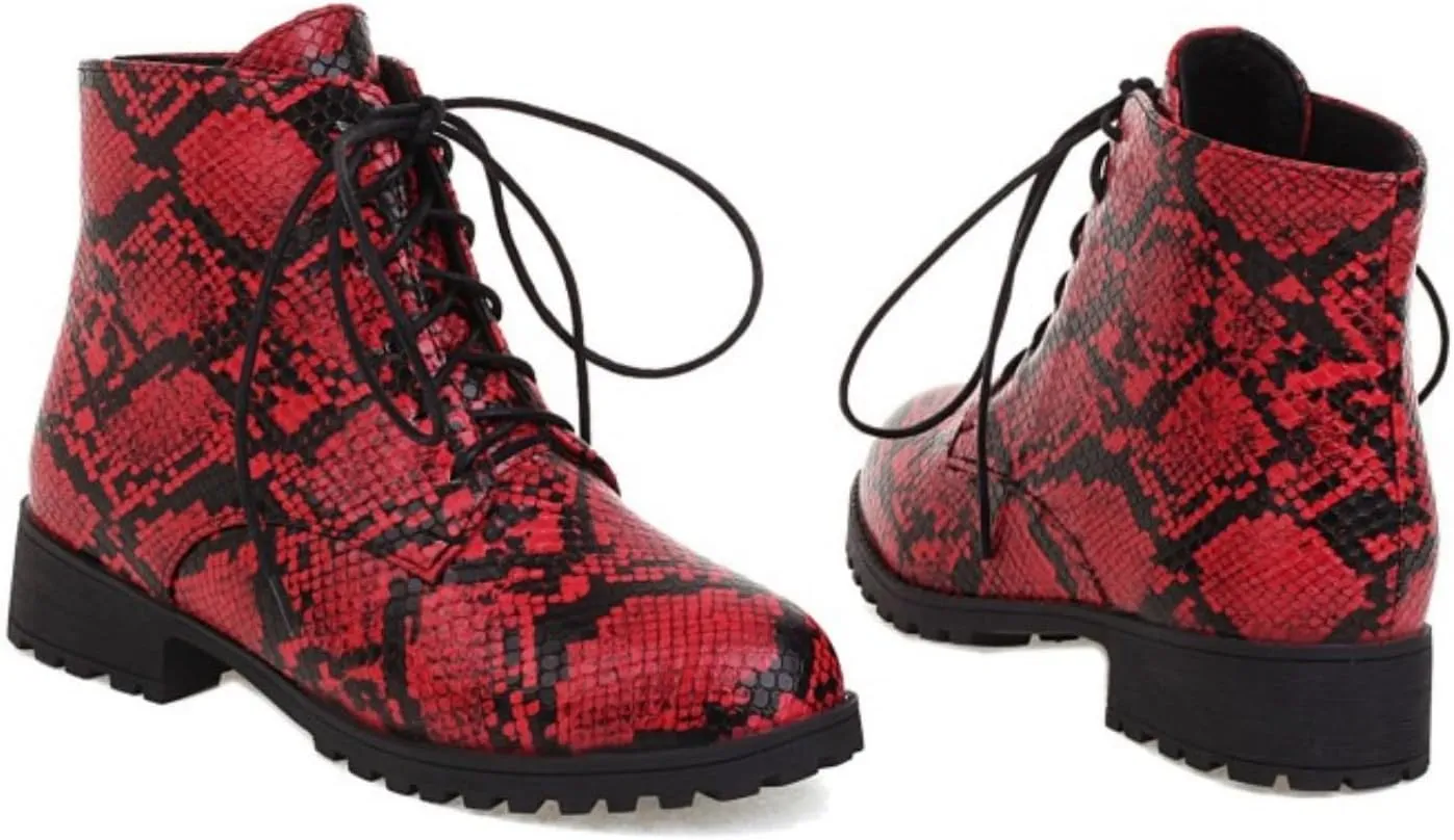 Aflngle Women's Block Snakeskin Printed Flat Ankle Boots Round Closed Toe Lace Up Low Chunky Heel Slip on Chelsea Short Boots