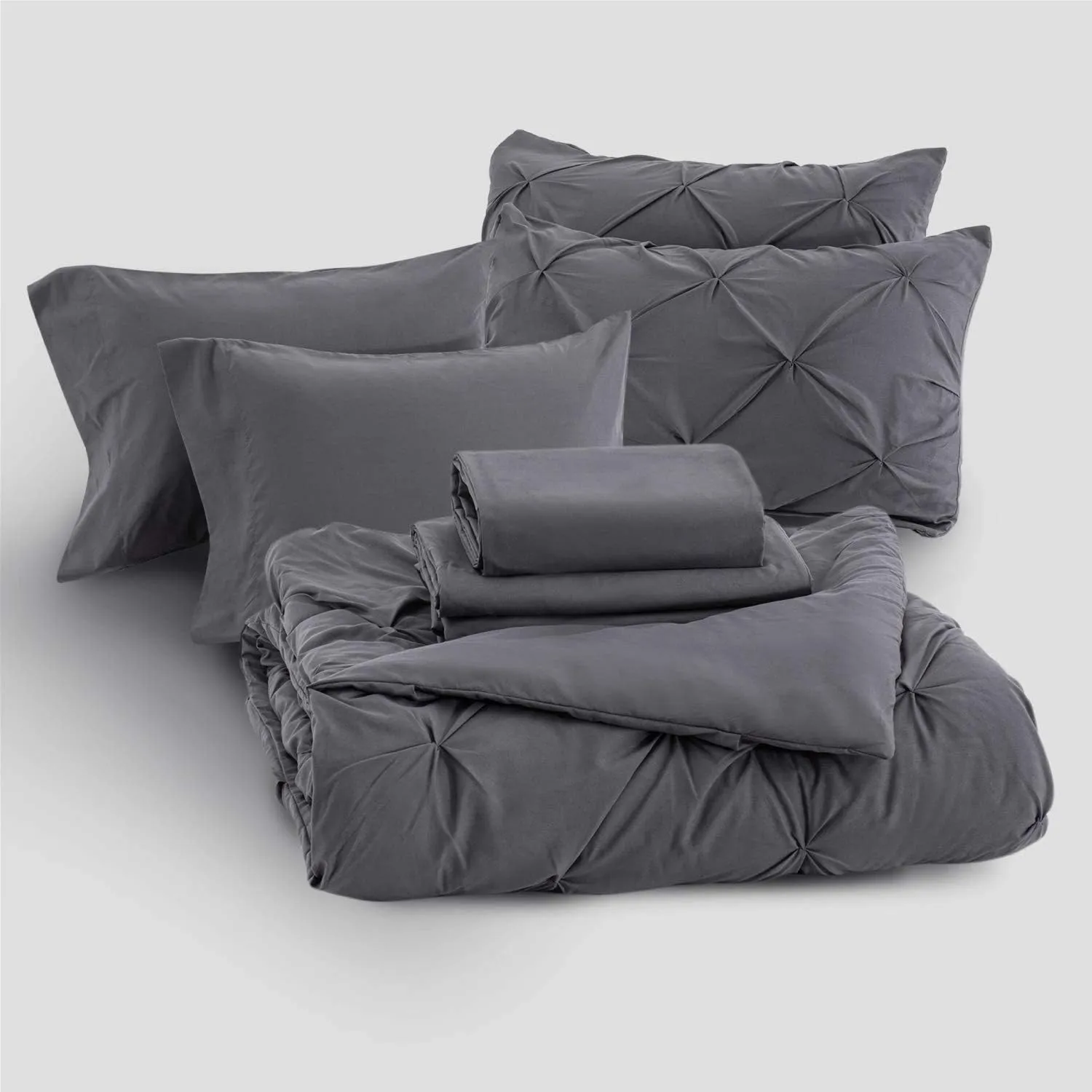 All Bedding Set Cotton -Queen/Full-Dark Grey Luxury Bedding Set-1 Fitted 18" DP,1 Flat,4 Pillowcases,1 Bed Skirt 15",1 Pinch Pleated Comforter-500 GSM