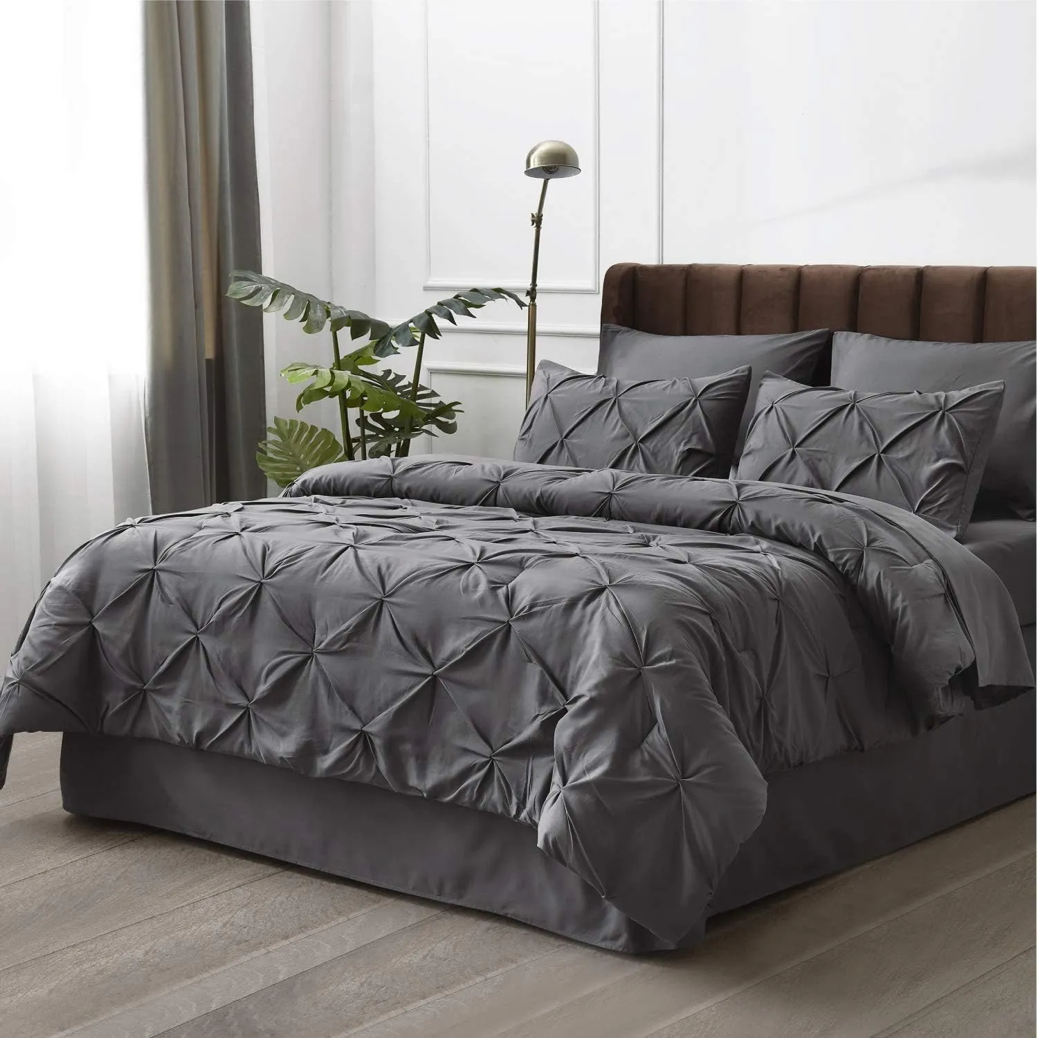 All Bedding Set Cotton -Queen/Full-Dark Grey Luxury Bedding Set-1 Fitted 18" DP,1 Flat,4 Pillowcases,1 Bed Skirt 15",1 Pinch Pleated Comforter-500 GSM