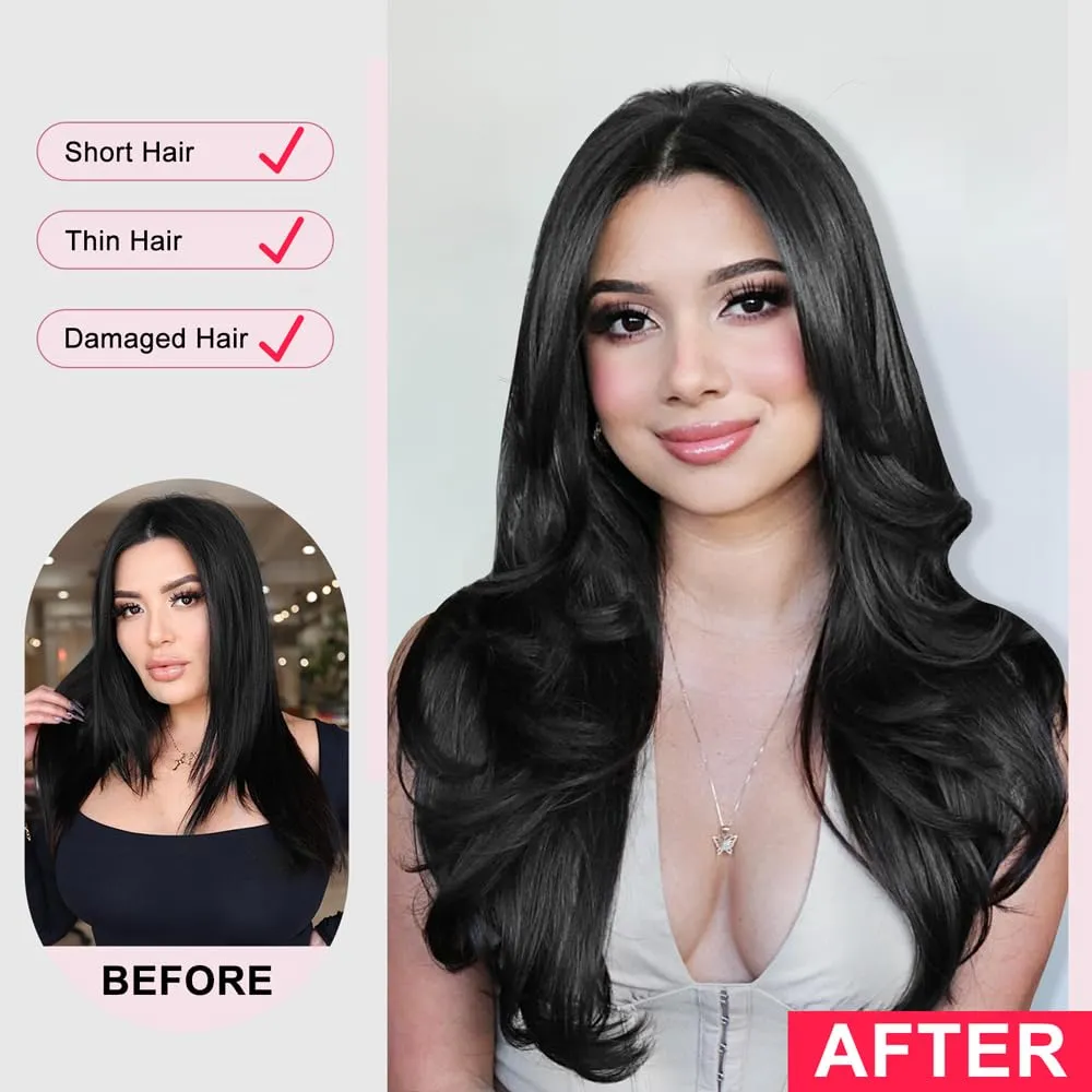 ALXNAN Long Wavy Hair Extensions for Women, Clip in Hair Extensions Clip Ins Soft Full Head Synthetic Hairpieces 20 Inch Golden Blonde Highlights Light Blonde