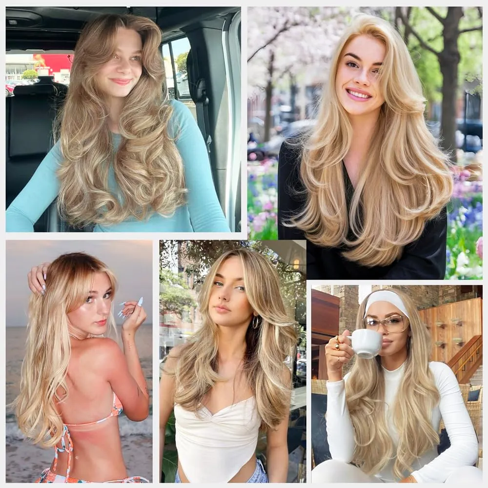 ALXNAN Long Wavy Hair Extensions for Women, Clip in Hair Extensions Clip Ins Soft Full Head Synthetic Hairpieces 20 Inch Light Brown mix Golden Blonde