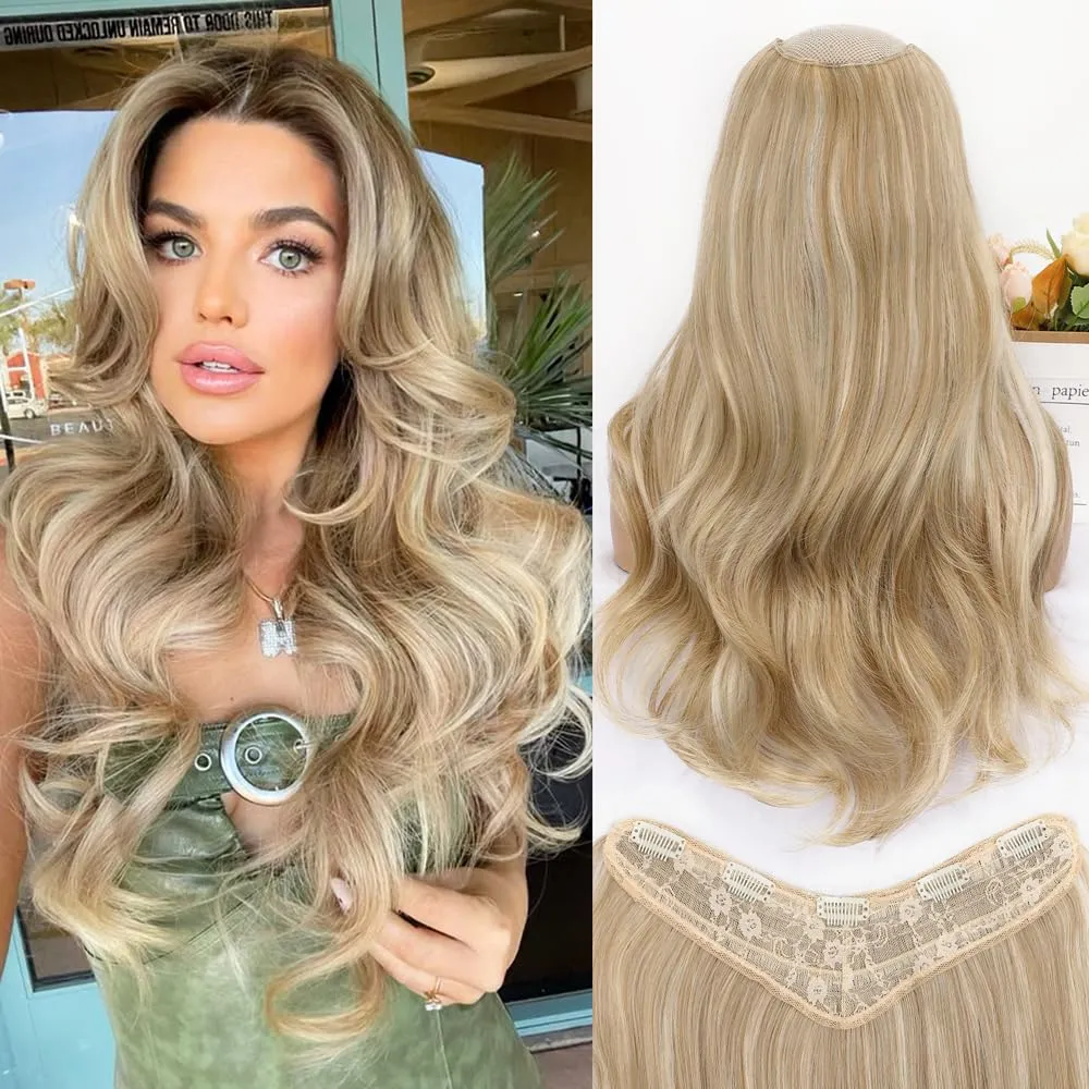 ALXNAN Long Wavy Hair Extensions for Women, Clip in Hair Extensions Clip Ins Soft Full Head Synthetic Hairpieces 20 Inch Light Brown mix Golden Blonde