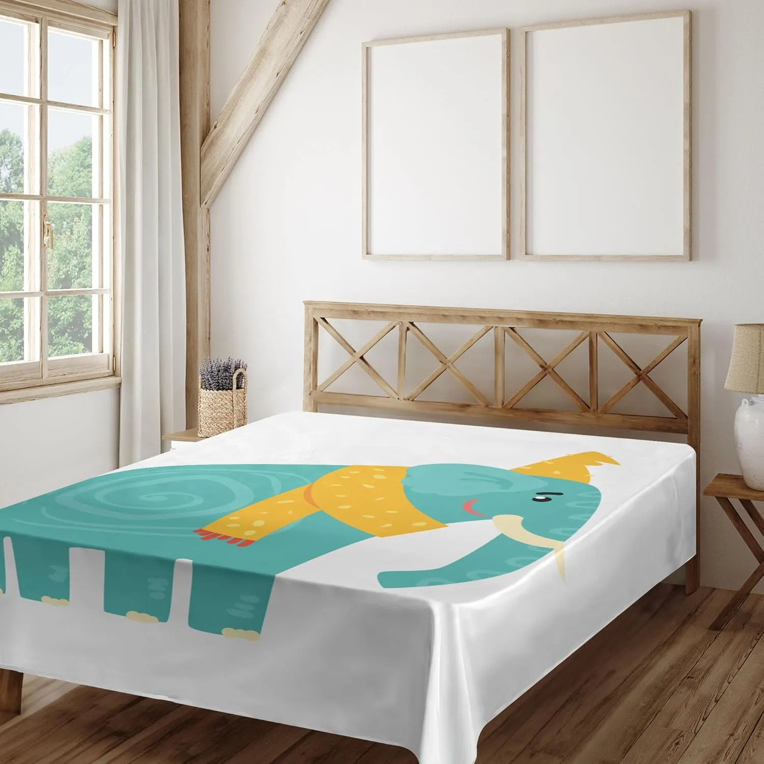 Ambesonne Elephant Flat Sheet, Cartoon Big Animal with Hat and Scarf Print, Soft and Comfortable Top Sheet Decorative Bedding 1 Piece, Full Size, Seafoam Orange