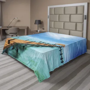 Ambesonne Tropical Flat Sheet, Exotic Hawaiian Wooden Pier Design Warm Ocean Pastoral Summer Vacation Theme, Soft and Comfortable Top Sheet Decorative Bedding 1 Piece, Full Size, Blue Brown