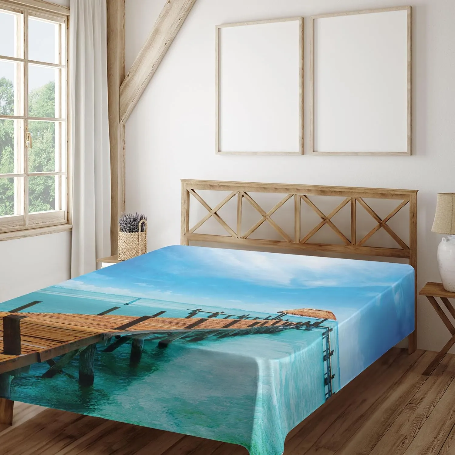 Ambesonne Tropical Flat Sheet, Exotic Hawaiian Wooden Pier Design Warm Ocean Pastoral Summer Vacation Theme, Soft and Comfortable Top Sheet Decorative Bedding 1 Piece, Full Size, Blue Brown