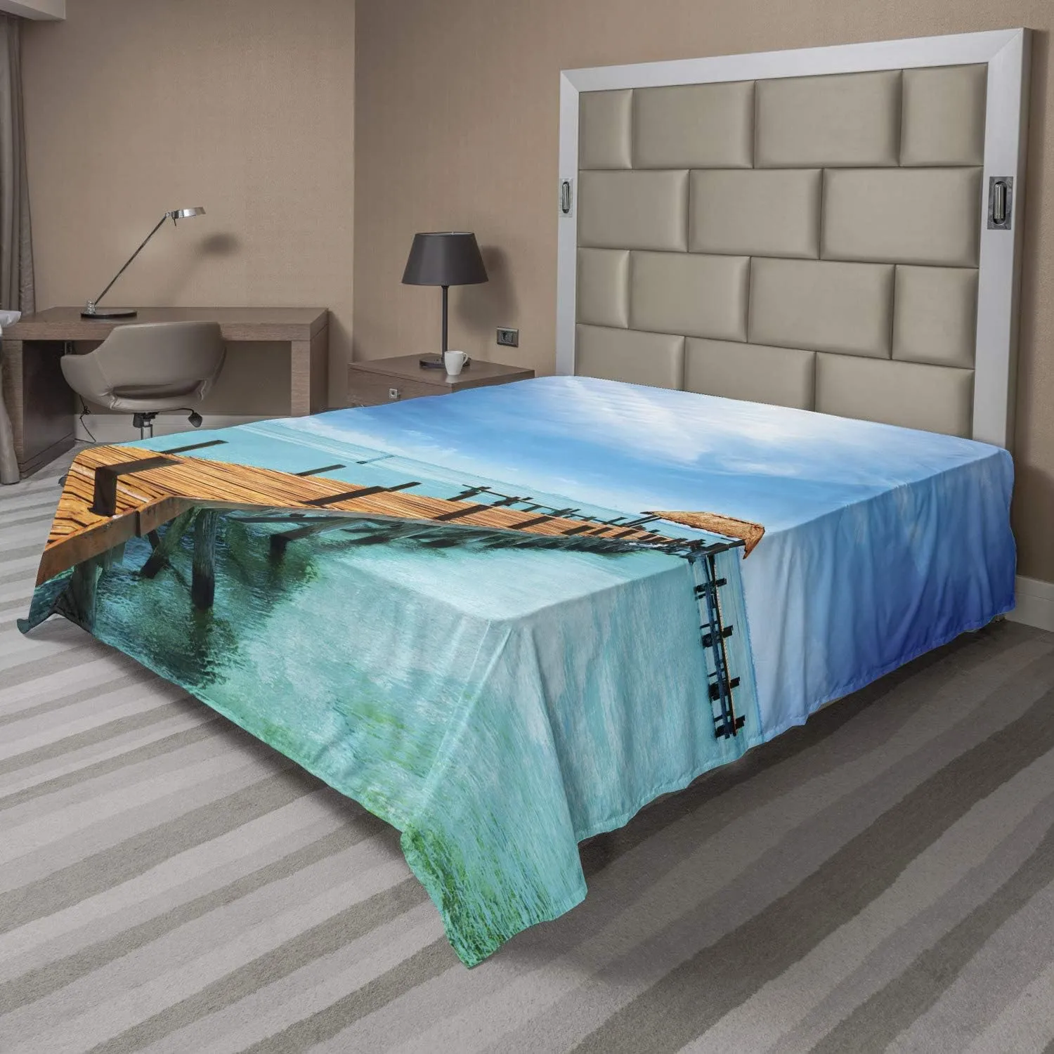 Ambesonne Tropical Flat Sheet, Exotic Hawaiian Wooden Pier Design Warm Ocean Pastoral Summer Vacation Theme, Soft and Comfortable Top Sheet Decorative Bedding 1 Piece, Full Size, Blue Brown