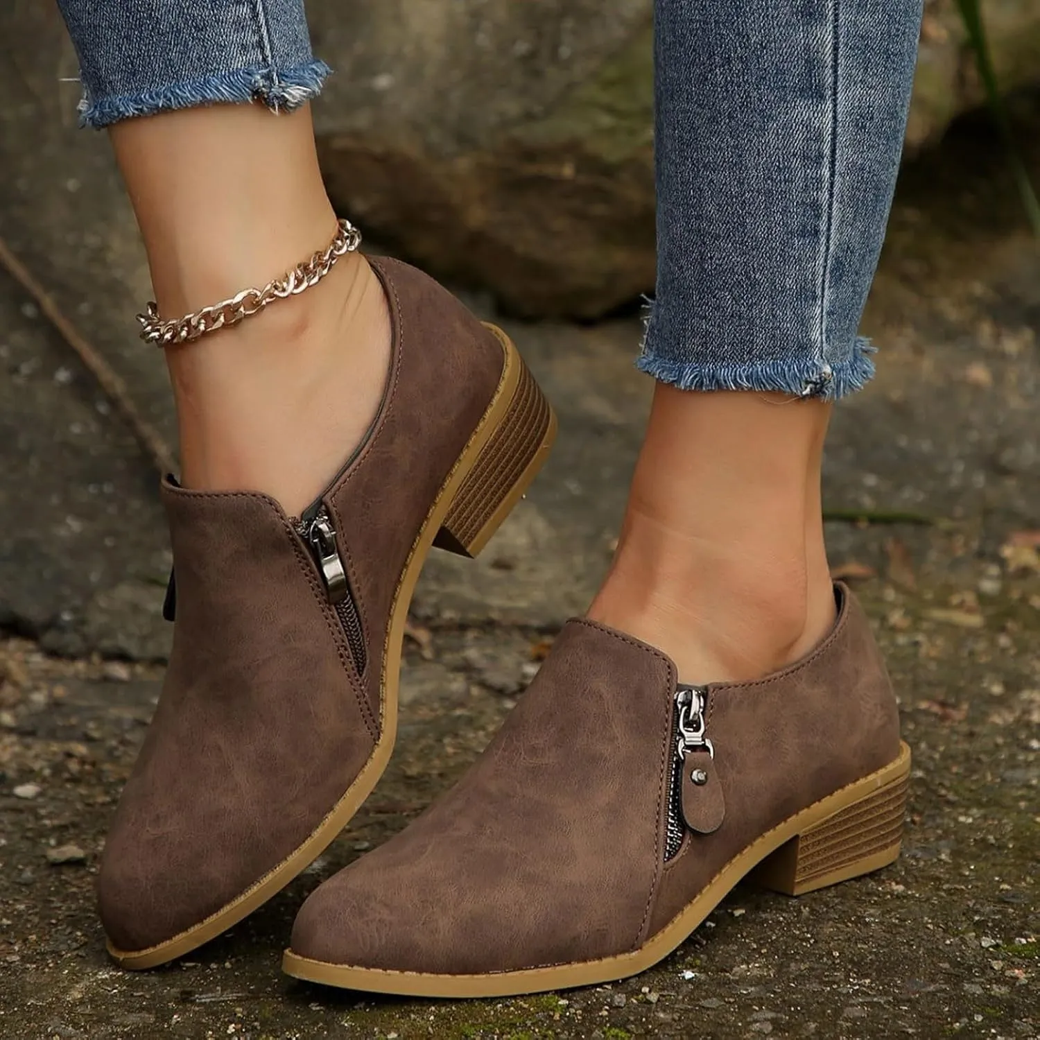 AMDBEL Fall Boots for Women 2024, Women's Ankle Boots Low Heel Closed Toe Slip On Flat Boots Ladies Walking Short Booties