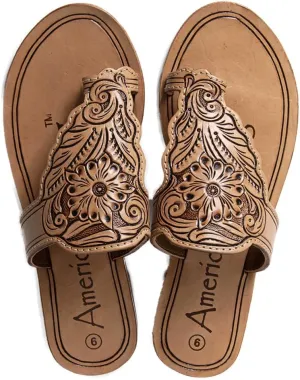 American Darling ADFTE109 Hand tooled carved genuine leather sandal footwear flip flop