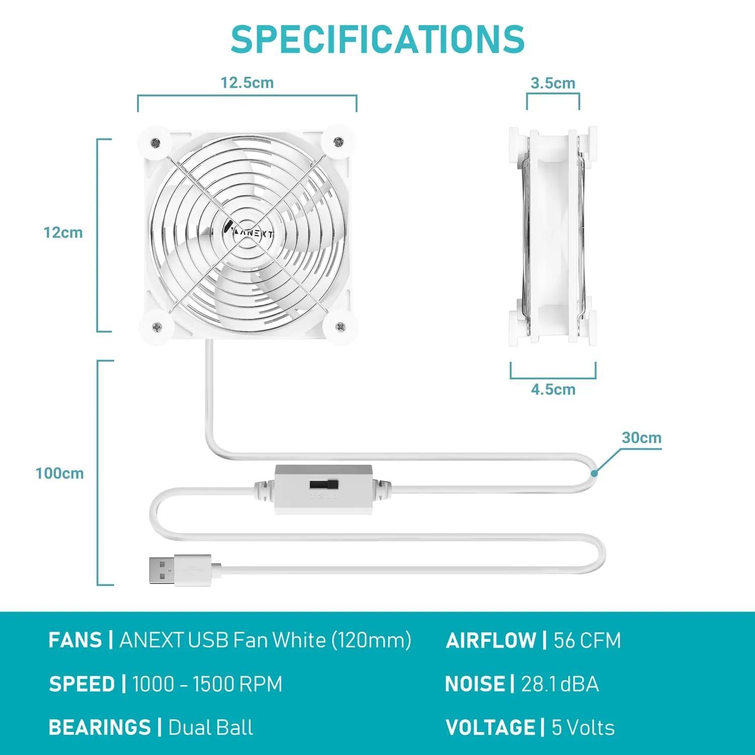 ANEXT, 120mm USB Computer Fan White, 120mm Fan, Silent Fans for Receiver DVR PlayStation Xbox Computer Cabinet Cooling, Single
