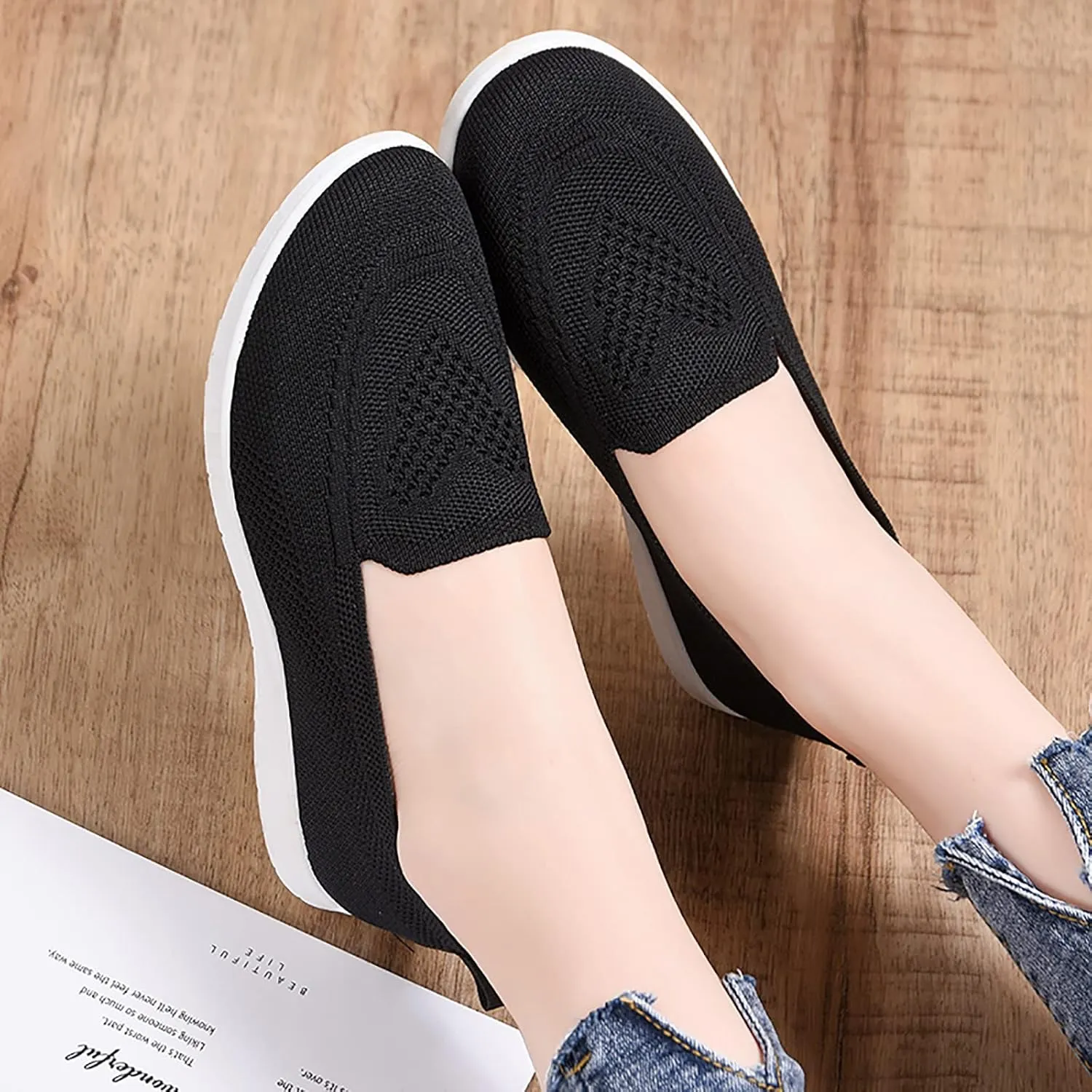 APUM Women's Knitted Flat Shoes,Comfort Ladies Slip On Loafers Casual Breathable Mesh Low-Top Flat Elastic Knit Work Shoes
