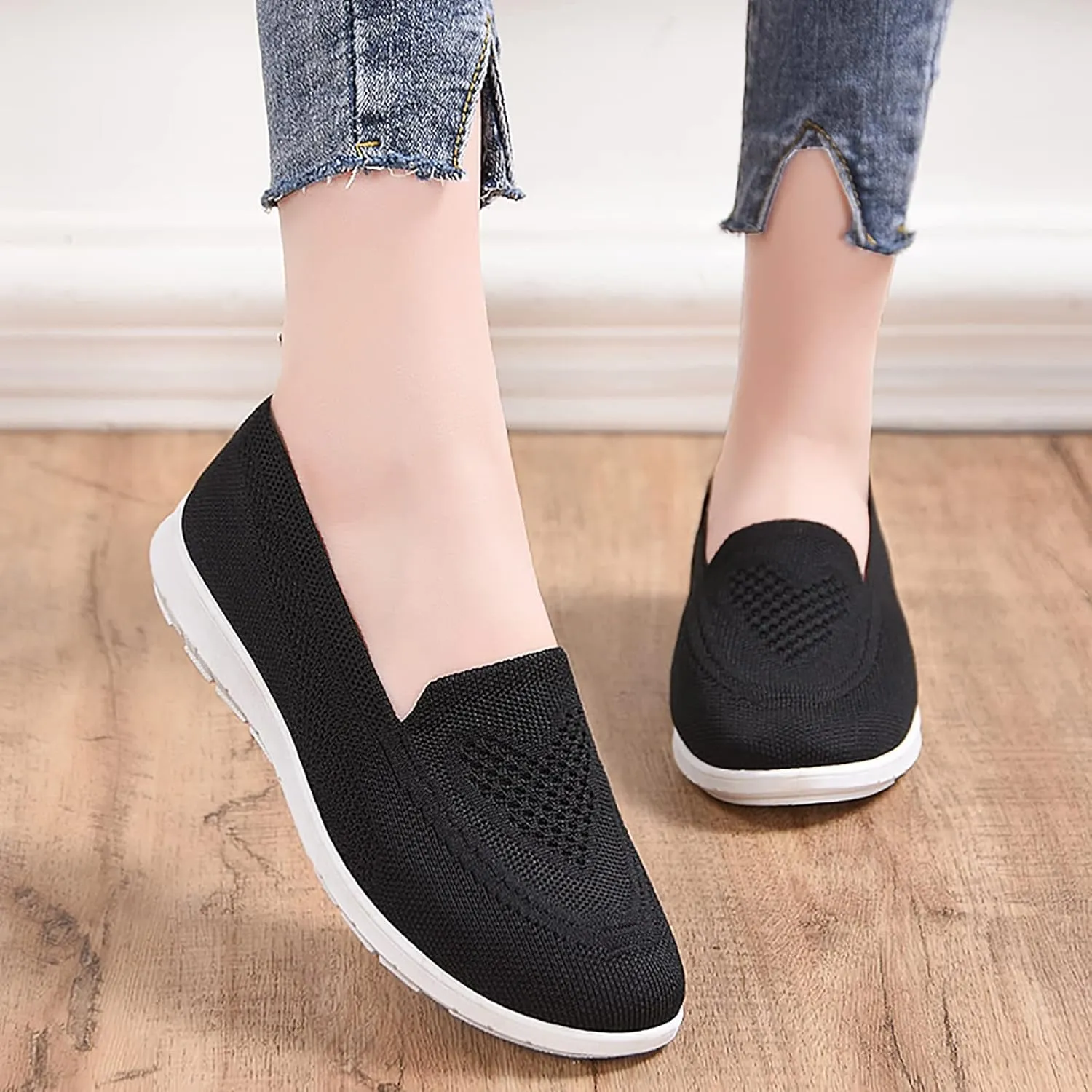 APUM Women's Knitted Flat Shoes,Comfort Ladies Slip On Loafers Casual Breathable Mesh Low-Top Flat Elastic Knit Work Shoes