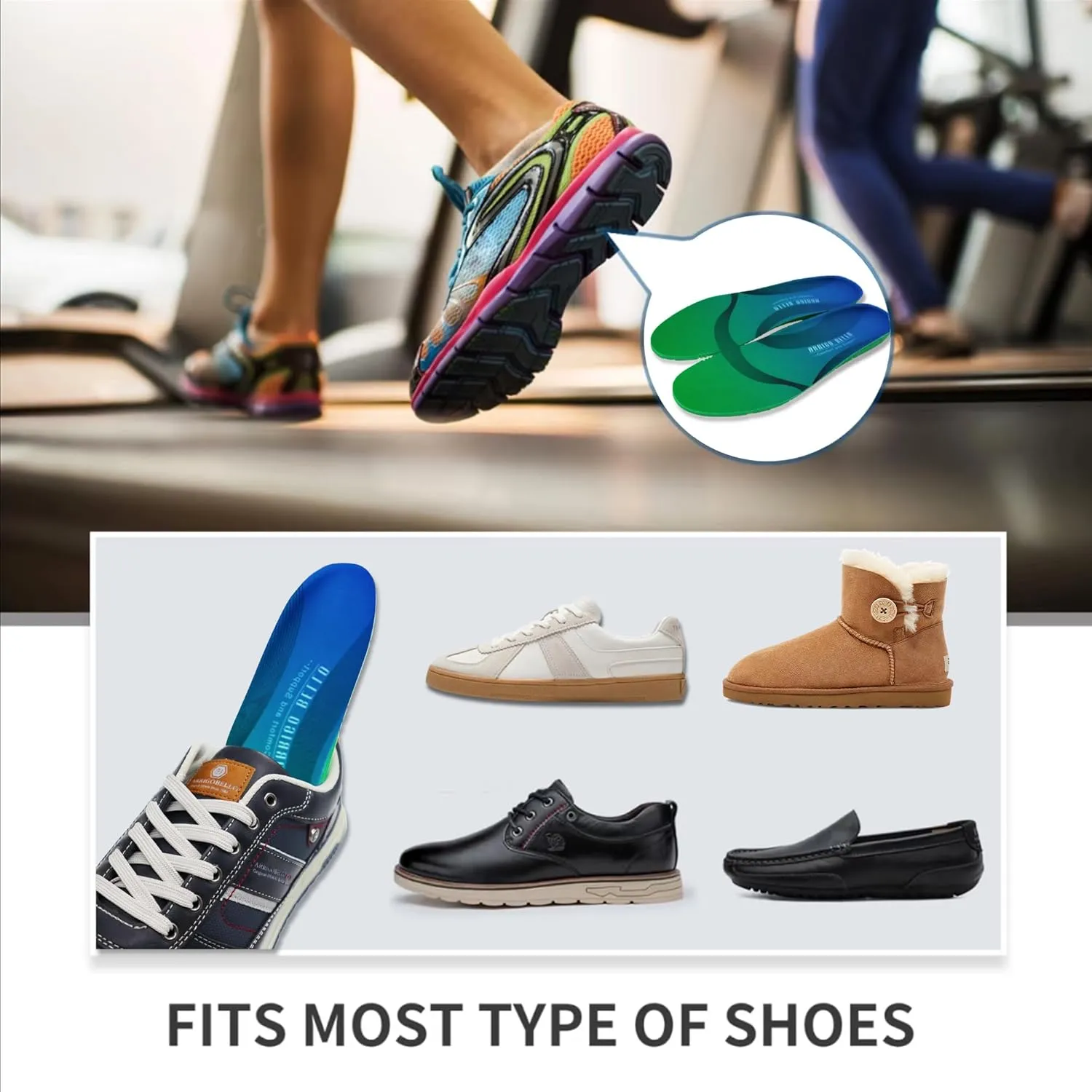 ARRIGO BELLO Insoles Men Women Walker Longer Comfortable Shoe Insert Cushioning Foam Without Muscle Fatigue Flexible Arch Support for Walking,Hiking,and Standing on Feet All-Day(Green,M)