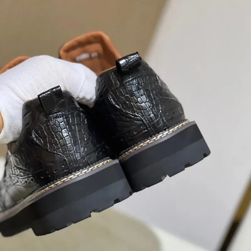 Authentic Crocodile Skin Men Casual Black Brogue Oxfords Mid Top Ankle Shoes Genuine Alligator Leather Male Lace-up Derby Shoes