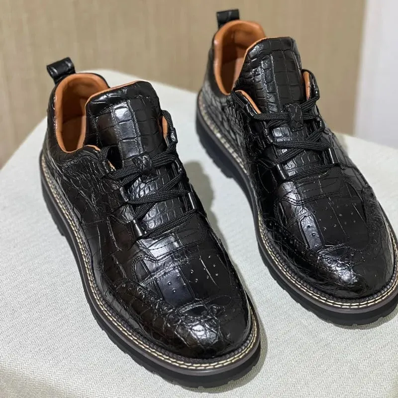 Authentic Crocodile Skin Men Casual Black Brogue Oxfords Mid Top Ankle Shoes Genuine Alligator Leather Male Lace-up Derby Shoes