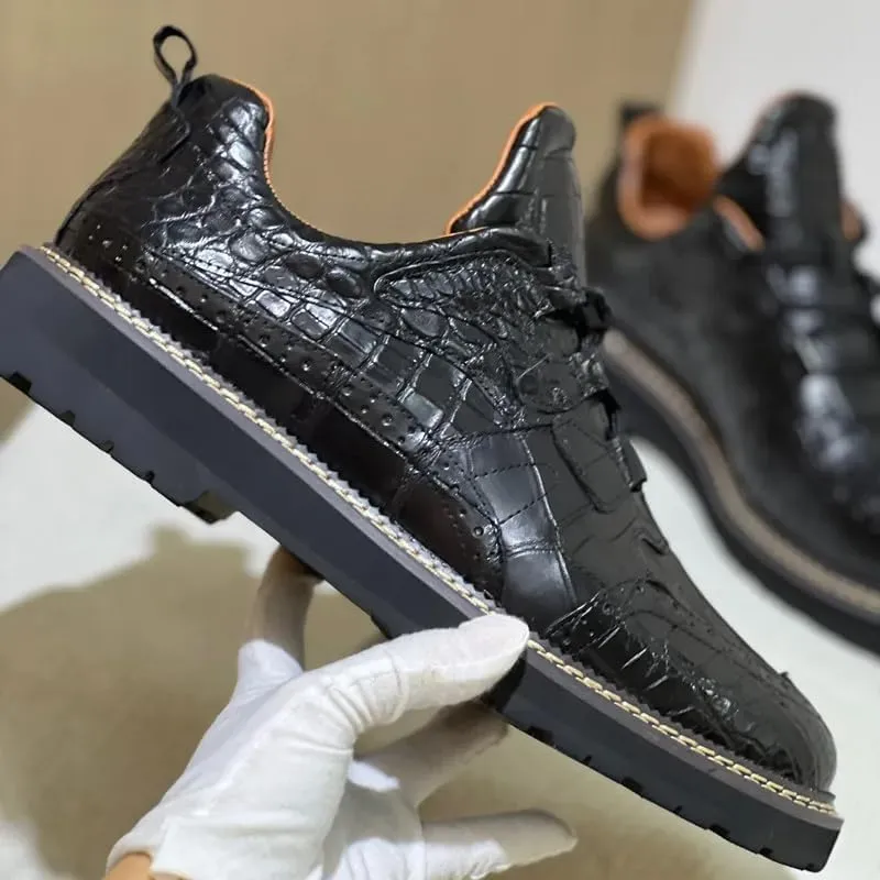 Authentic Crocodile Skin Men Casual Black Brogue Oxfords Mid Top Ankle Shoes Genuine Alligator Leather Male Lace-up Derby Shoes