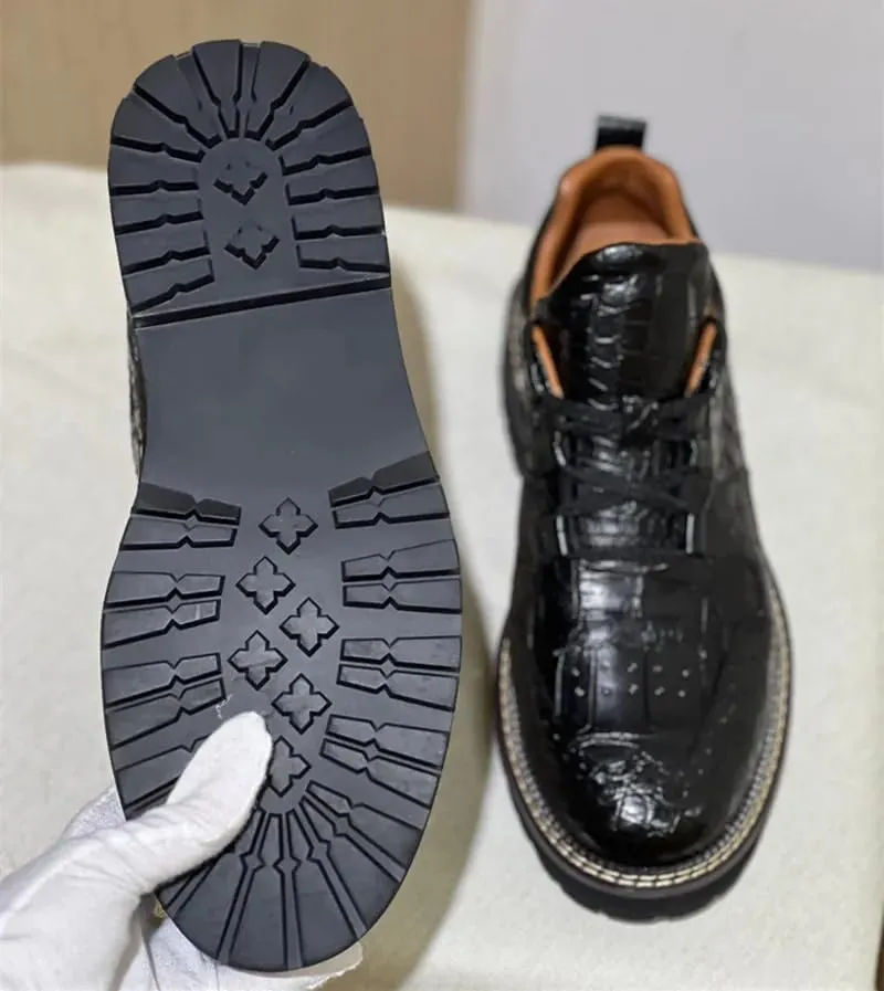 Authentic Crocodile Skin Men Casual Black Brogue Oxfords Mid Top Ankle Shoes Genuine Alligator Leather Male Lace-up Derby Shoes