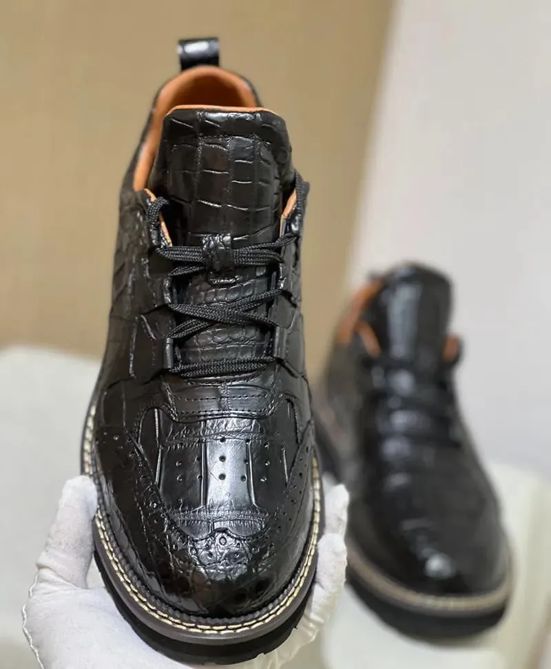 Authentic Crocodile Skin Men Casual Black Brogue Oxfords Mid Top Ankle Shoes Genuine Alligator Leather Male Lace-up Derby Shoes