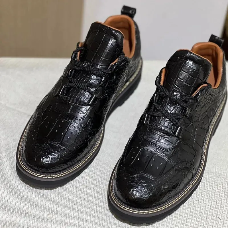 Authentic Crocodile Skin Men Casual Black Brogue Oxfords Mid Top Ankle Shoes Genuine Alligator Leather Male Lace-up Derby Shoes