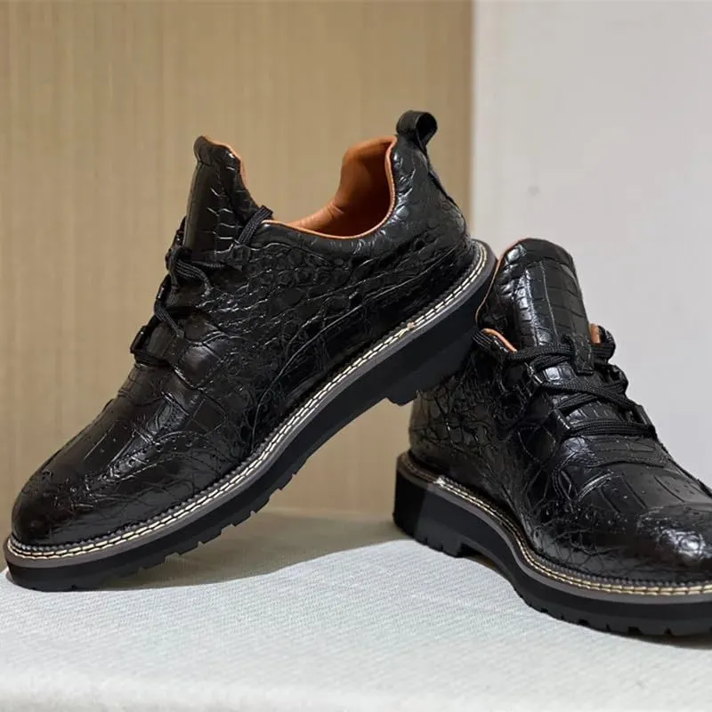 Authentic Crocodile Skin Men Casual Black Brogue Oxfords Mid Top Ankle Shoes Genuine Alligator Leather Male Lace-up Derby Shoes
