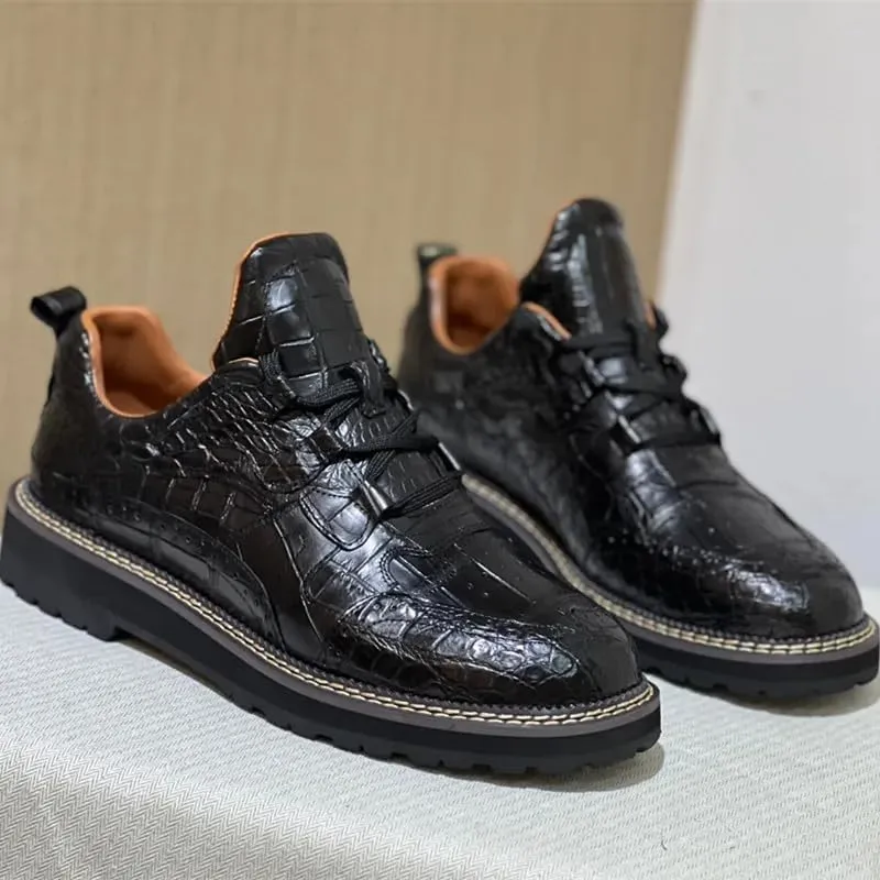 Authentic Crocodile Skin Men Casual Black Brogue Oxfords Mid Top Ankle Shoes Genuine Alligator Leather Male Lace-up Derby Shoes