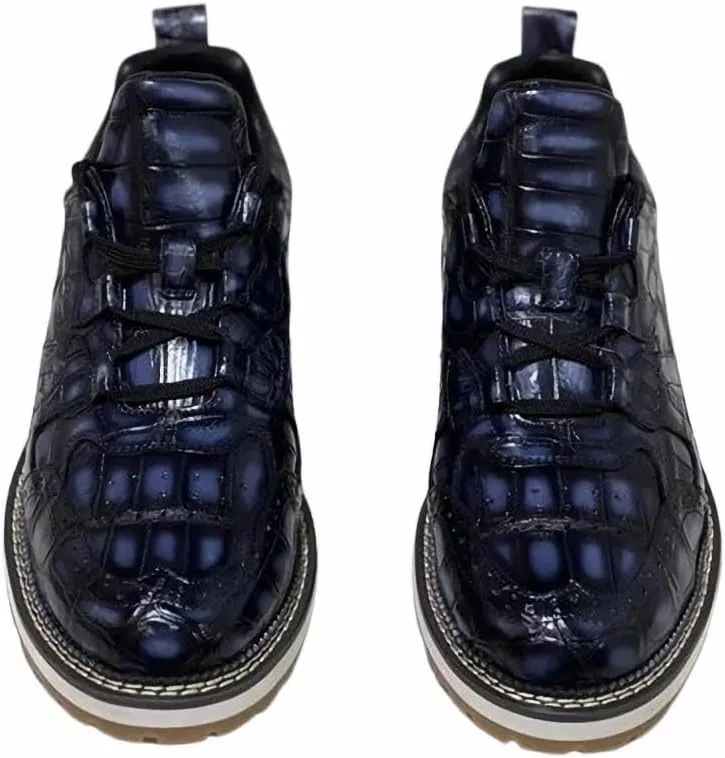 Authentic Crocodile Skin Men's Casual Dark Blue Derby Shoes Genuine Exotic Alligator Leather Male Lace-up Mid-top Dress Shoes