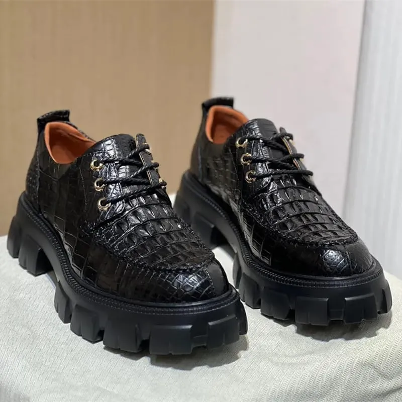 Authentic Real Crocodile Skin Men Black Height Increasing Dress Shoes Genuine Alligator Leather Male Casual Lace-up Derby Shoes