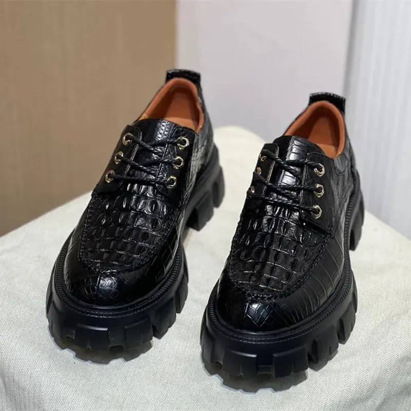 Authentic Real Crocodile Skin Men Black Height Increasing Dress Shoes Genuine Alligator Leather Male Casual Lace-up Derby Shoes