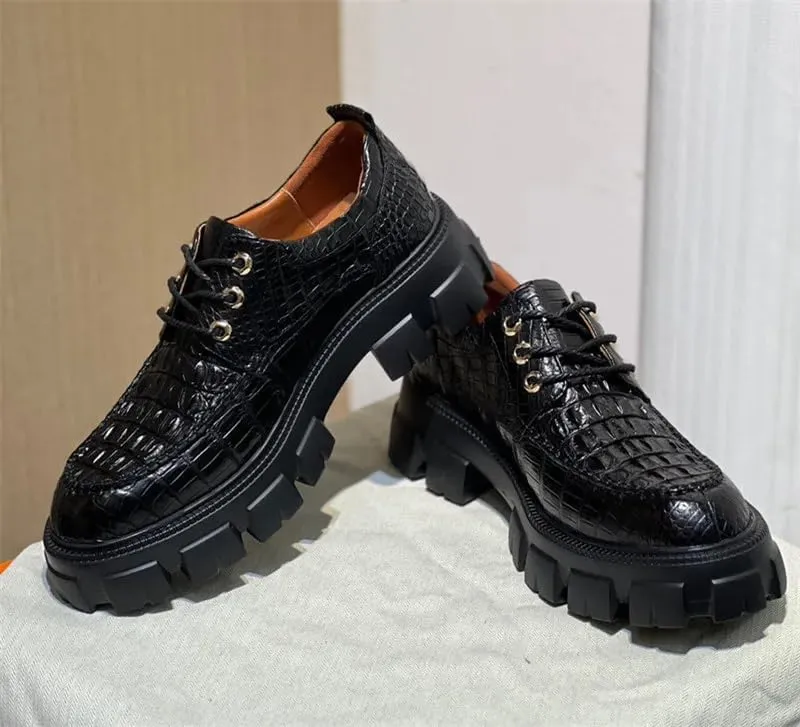 Authentic Real Crocodile Skin Men Black Height Increasing Dress Shoes Genuine Alligator Leather Male Casual Lace-up Derby Shoes