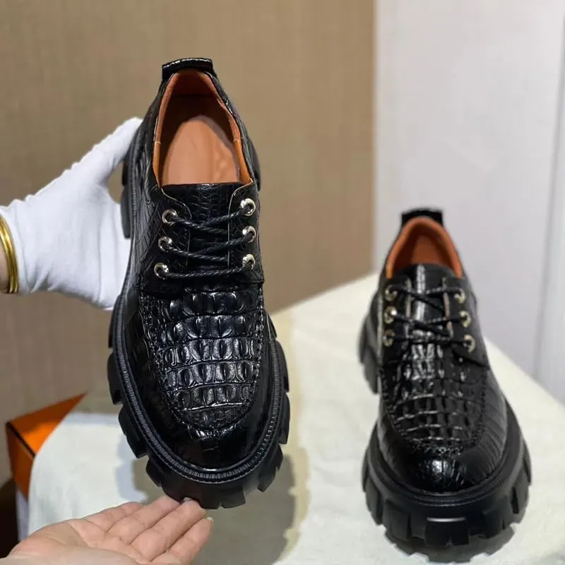 Authentic Real Crocodile Skin Men Black Height Increasing Dress Shoes Genuine Alligator Leather Male Casual Lace-up Derby Shoes