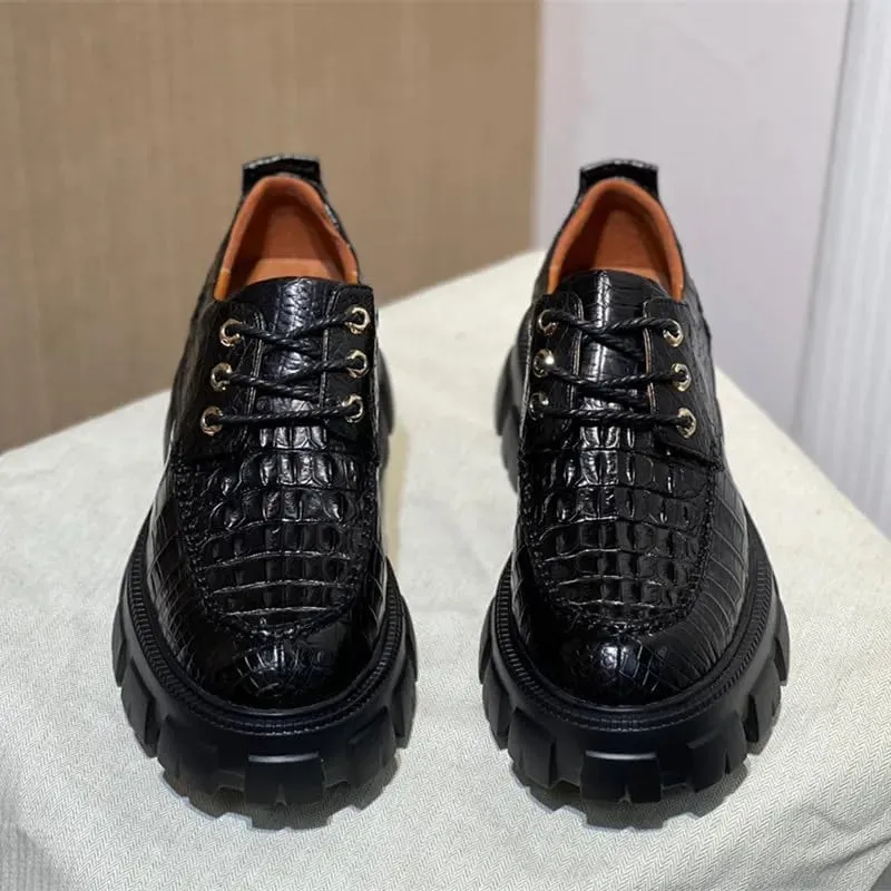 Authentic Real Crocodile Skin Men Black Height Increasing Dress Shoes Genuine Alligator Leather Male Casual Lace-up Derby Shoes