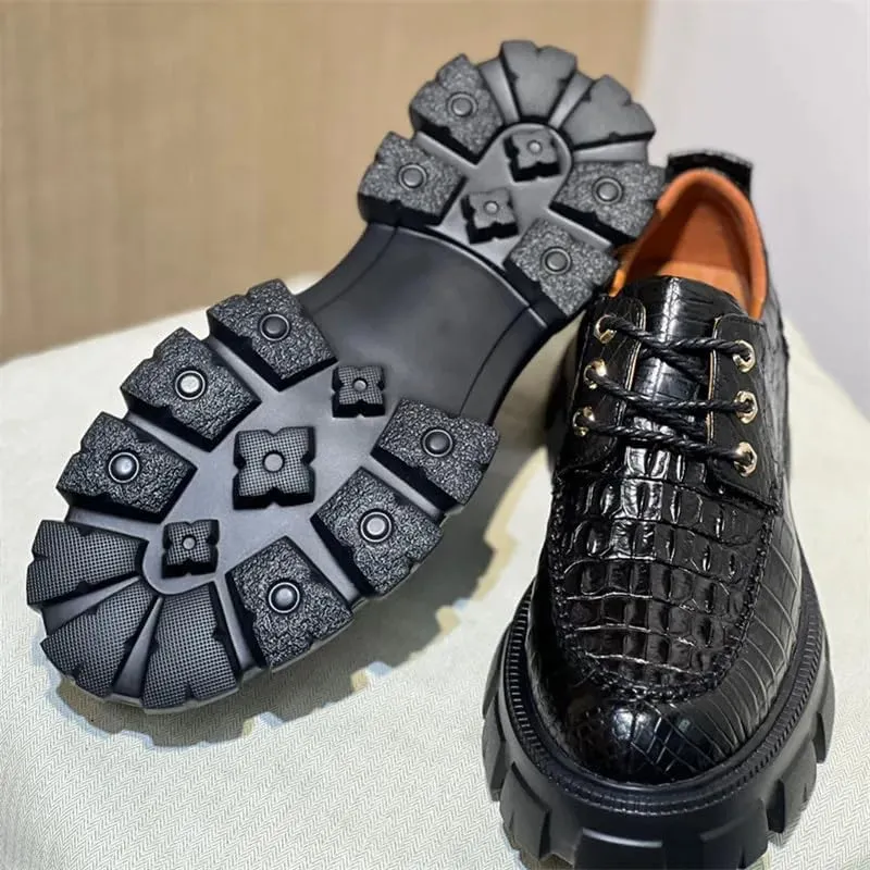 Authentic Real Crocodile Skin Men Black Height Increasing Dress Shoes Genuine Alligator Leather Male Casual Lace-up Derby Shoes