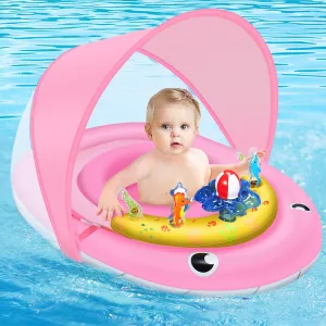 Baby Pool Float with Canopy UPF50  Sun Protection, 6-24 Months Inflatable Infant Swimming Ring, Bath Floatie, Swimming Pool Accessories, and Toy Play Console with Adjustable Safety Seat