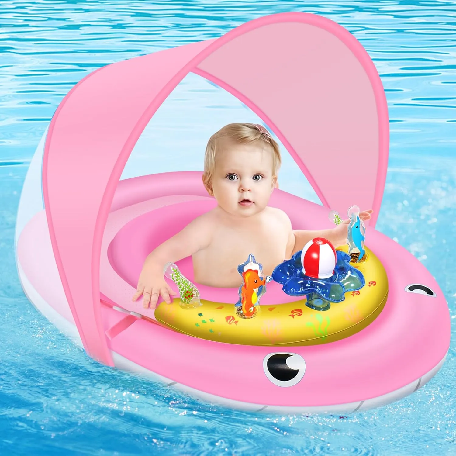 Baby Pool Float with Canopy UPF50  Sun Protection, 6-24 Months Inflatable Infant Swimming Ring, Bath Floatie, Swimming Pool Accessories, and Toy Play Console with Adjustable Safety Seat