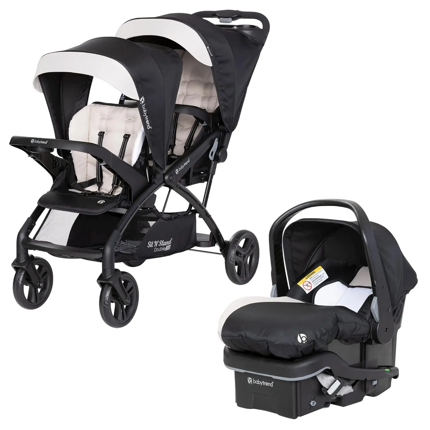 Baby Trend Sit N' Stand Tandem Double Stroller 2.0 DLX and EZ-Lift Plus Car Seat Set with 5 Point Safety Harnesses and Cozy Cover, Modern Khaki