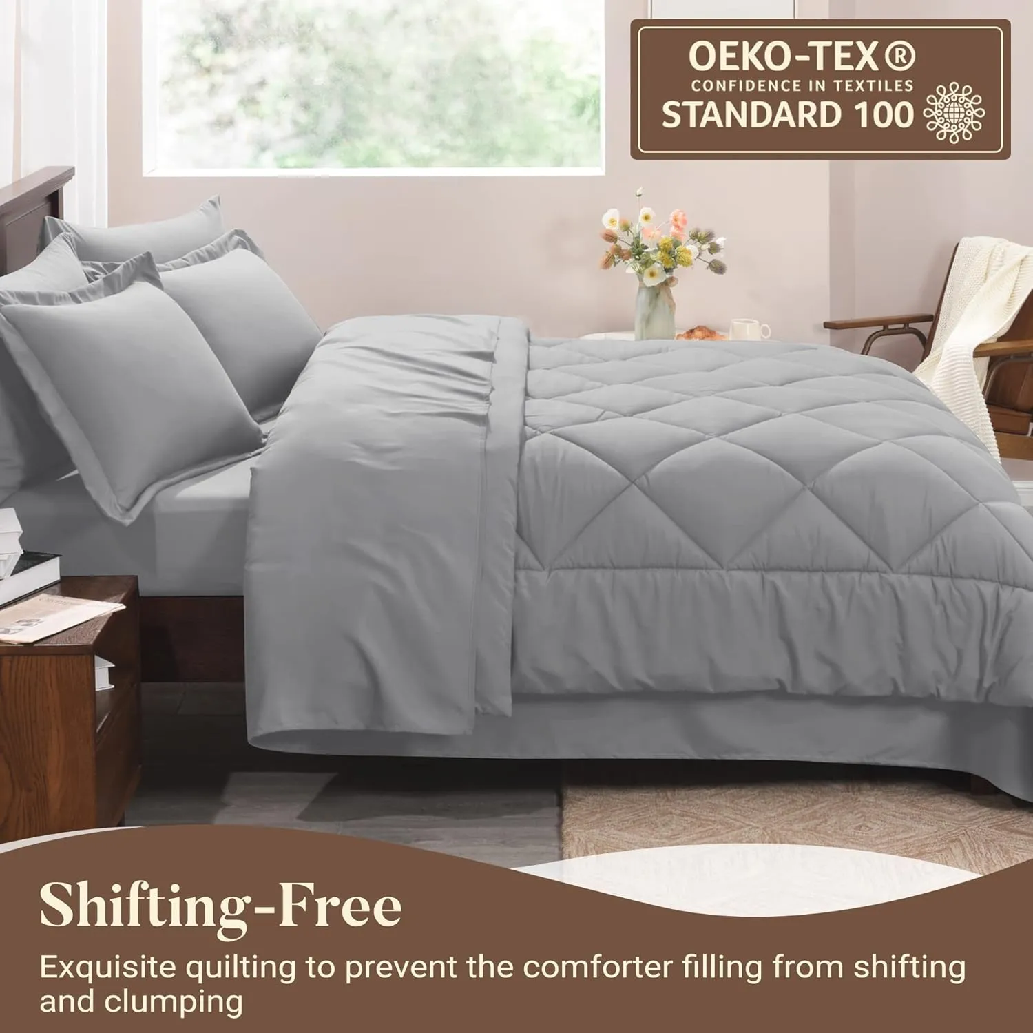 Basic Beyond King Size Comforter Set with Sheets - 7 Pieces King Size Bed in a Bag, Grey Comforter King Set Bedding Sets with Comforter, Flat Sheet, Fitted Sheet, Pillowcases & Shams